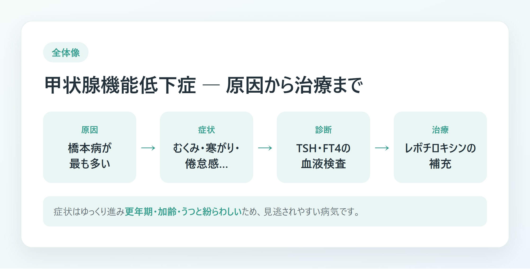 甲状腺機能低下症の原因・症状・診断・治療の流れを示した図解
