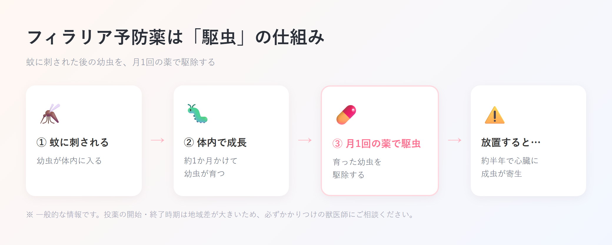 フィラリア予防薬の仕組み(蚊に刺される→体内で幼虫が成長→月1回の薬で駆虫→放置すると約半年で心臓に成虫)を示した図解