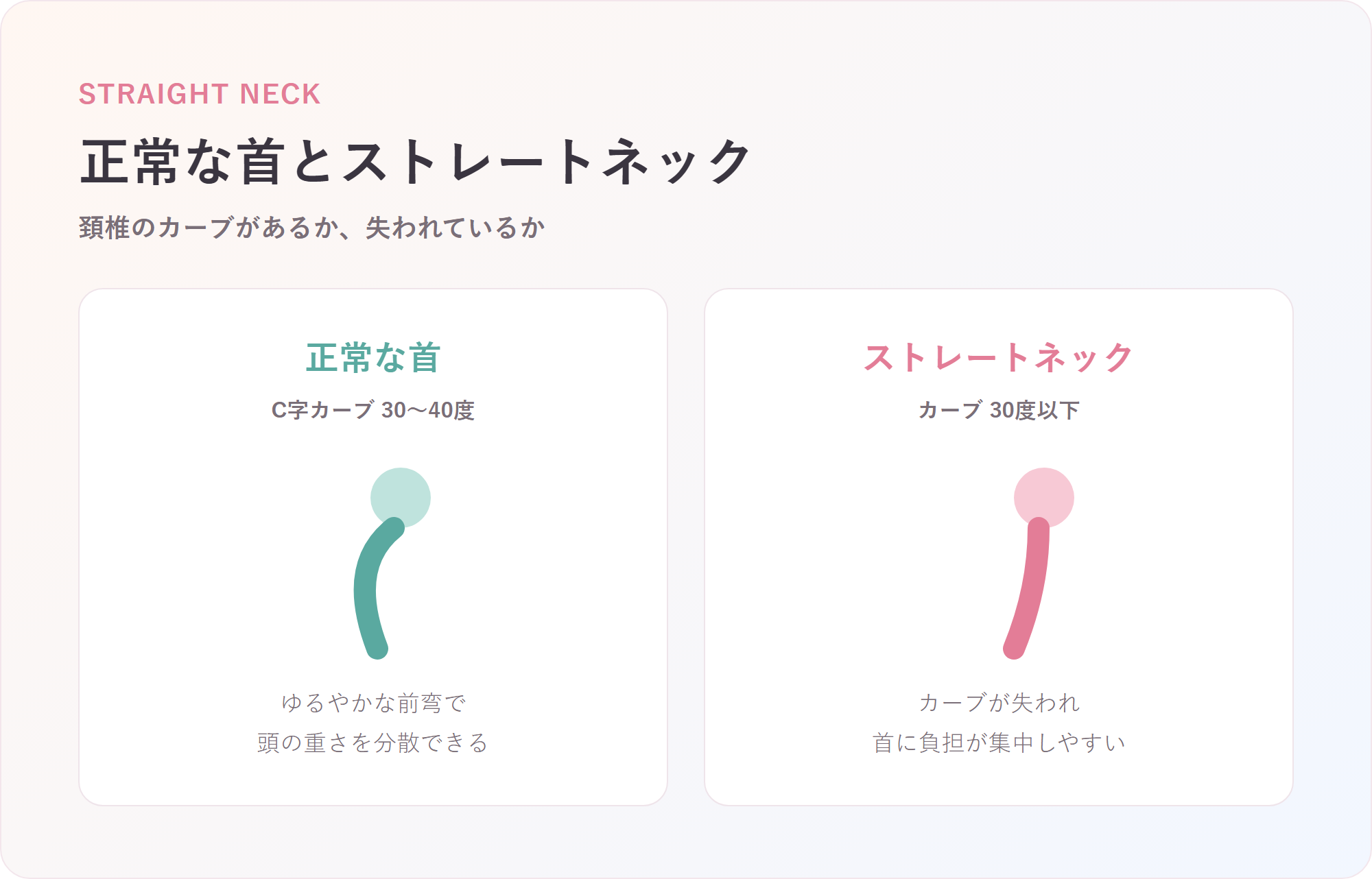 正常な首(C字カーブ30〜40度)とストレートネック(30度以下)を並べた比較図