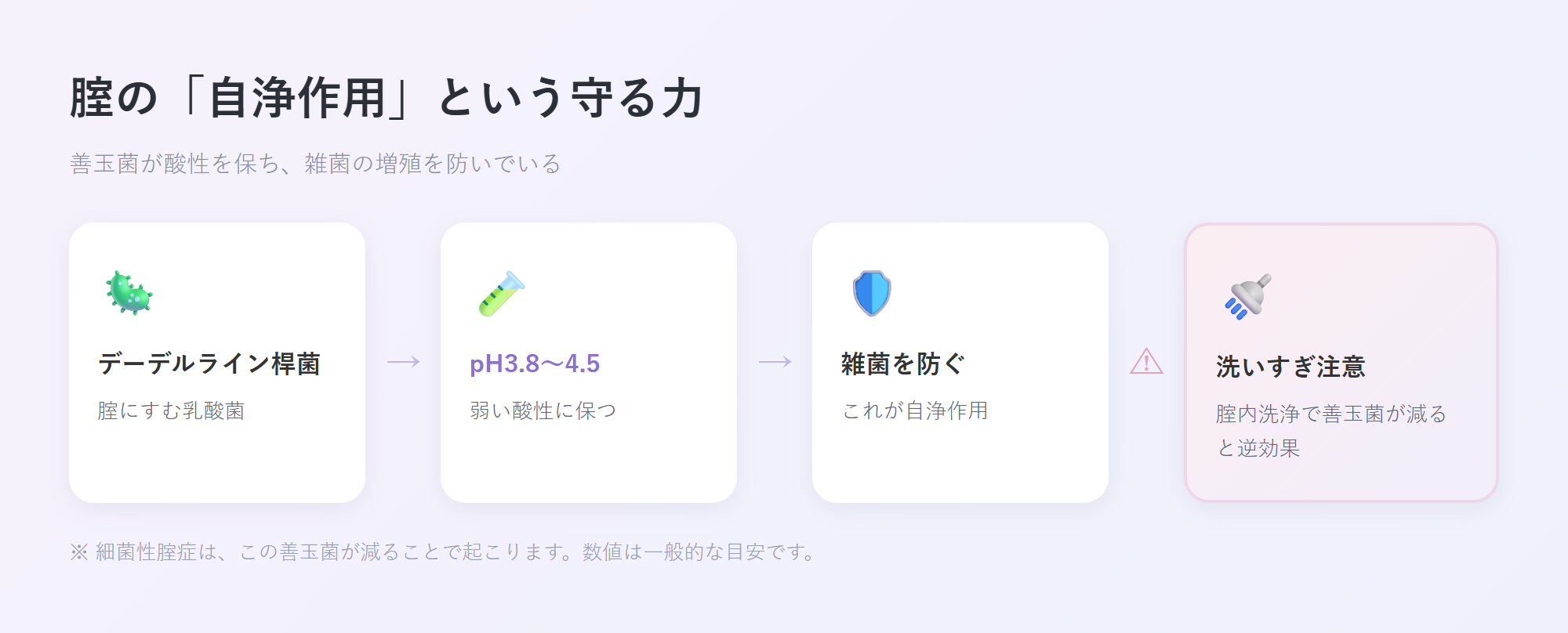 腟の自浄作用の図解(デーデルライン桿菌が乳酸をつくり、pH3.8〜4.5の酸性を保って雑菌を防ぐ/洗いすぎ注意)