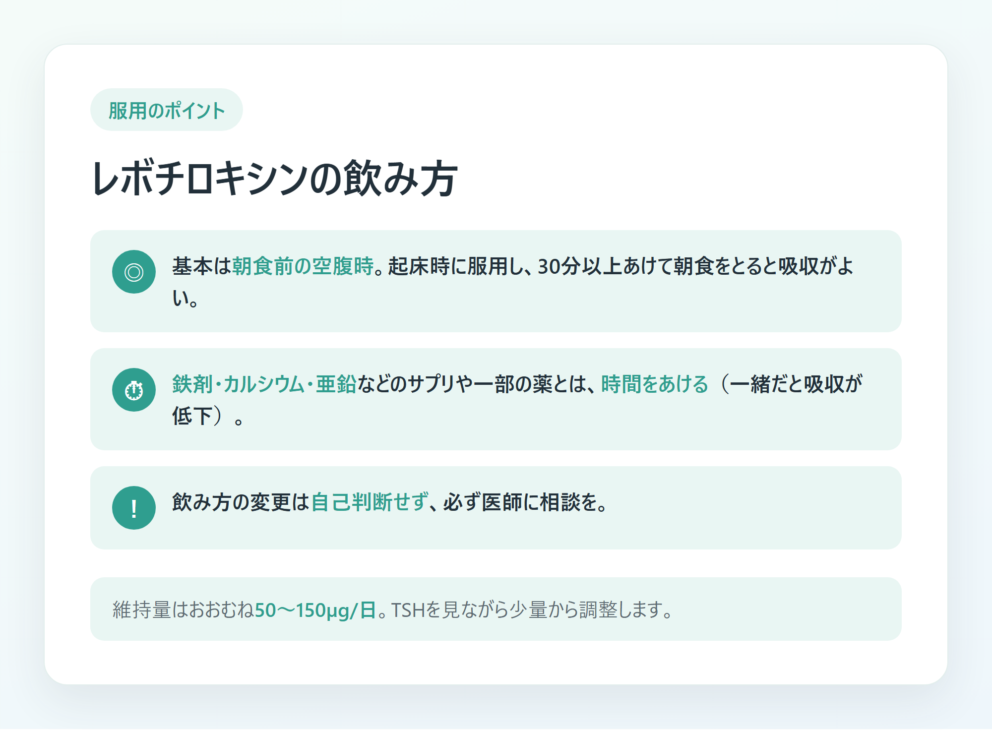 レボチロキシンの服用タイミングと鉄剤・カルシウムとの時間差を示した図