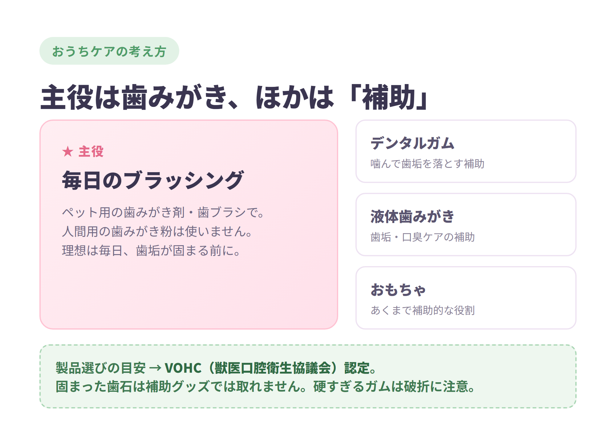 歯みがきを主役に、デンタルガム・液体歯みがき・VOHC認定を整理した説明図