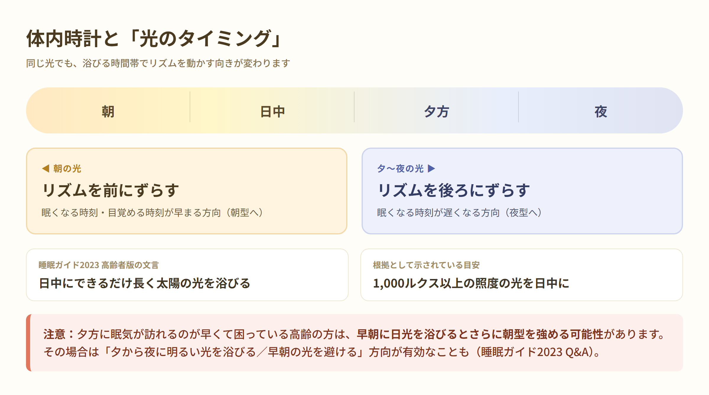 体内時計と光のタイミングを示した図。朝の光はリズムを前に、夕から夜の光は後ろにずらす。日中にできるだけ長く、1,000ルクス以上が目安