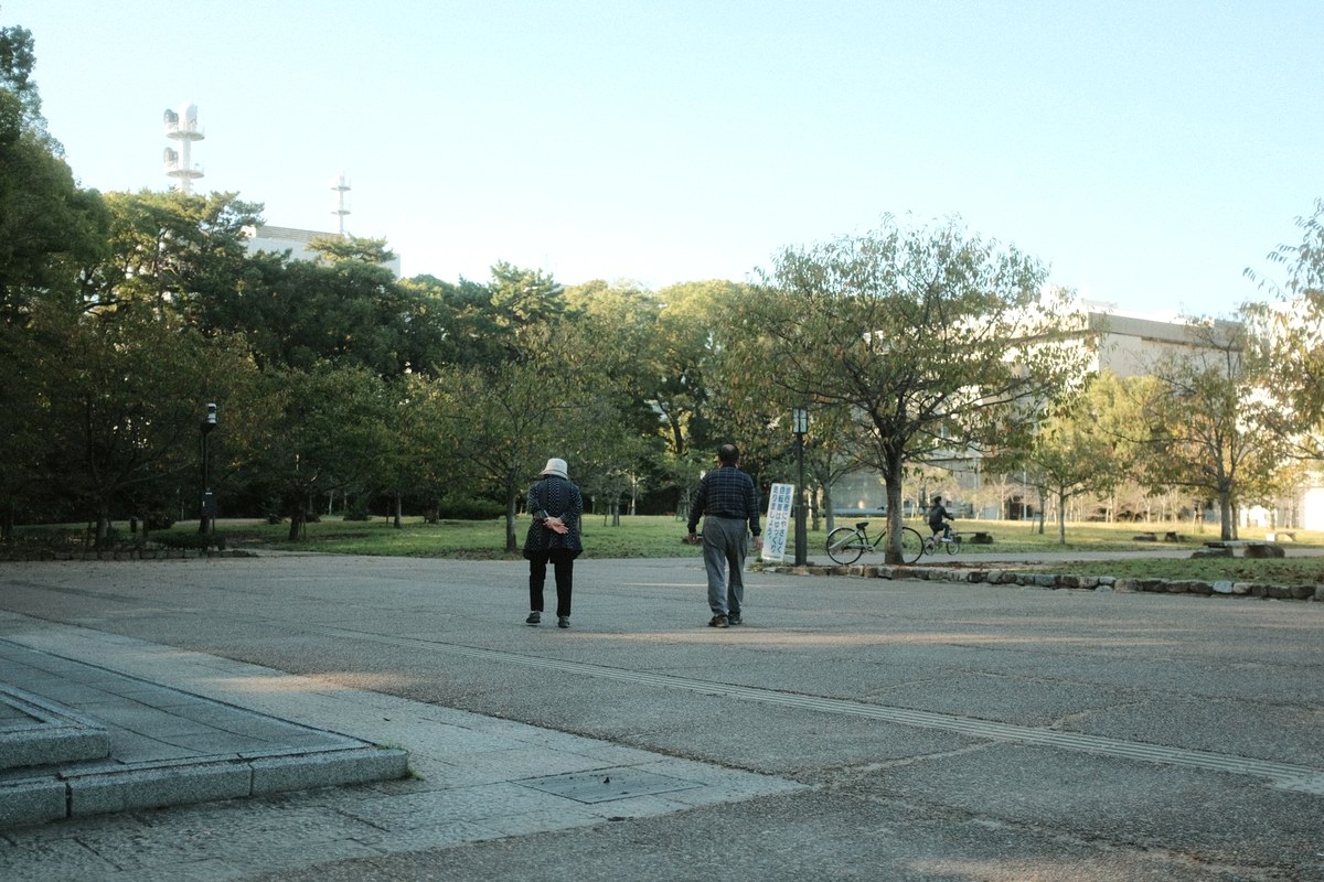 明るい昼下がりの公園を、高齢の二人がゆっくり並んで歩いている引きの構図
