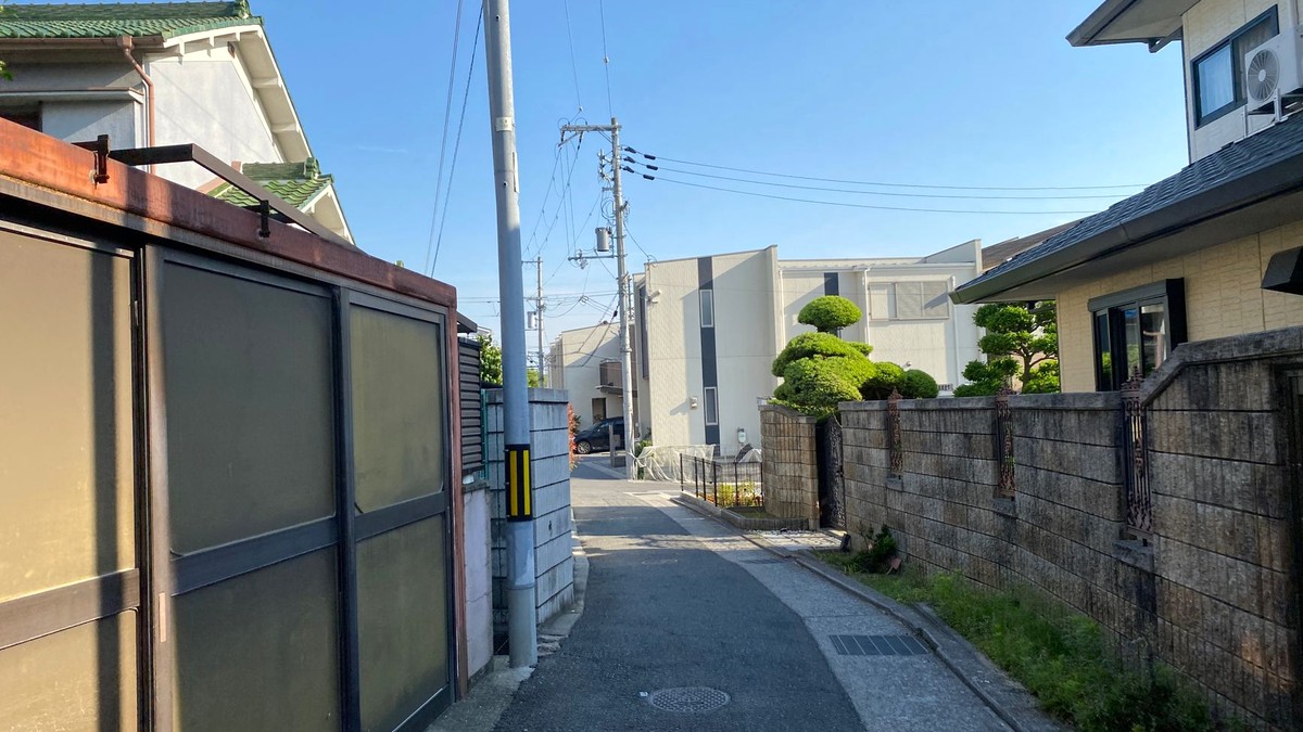 青空の下、生垣と住宅が並ぶ日本の住宅街の明るい歩道