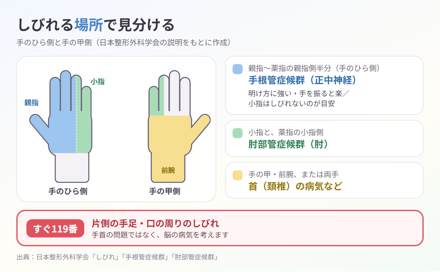 手のひら側と手の甲側の手のイラスト。親指〜薬指の親指側半分(手のひら側)を青(手根管症候群・正中神経、明け方に強く手を振ると楽)、小指と薬指の小指側を緑(肘部管症候群)、手の甲・前腕を黄色(首の病気など)で塗り分け、片側の手足や口の周りのしびれはすぐ119番と示した図(日本整形外科学会の説明より)