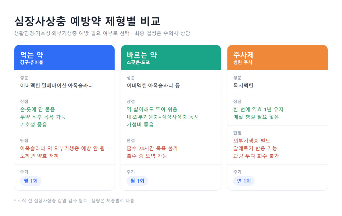 심장사상충 예방약 제형 3종(먹는 약·바르는 약·주사제)의 성분·장점·단점·투여 주기를 정리한 비교표