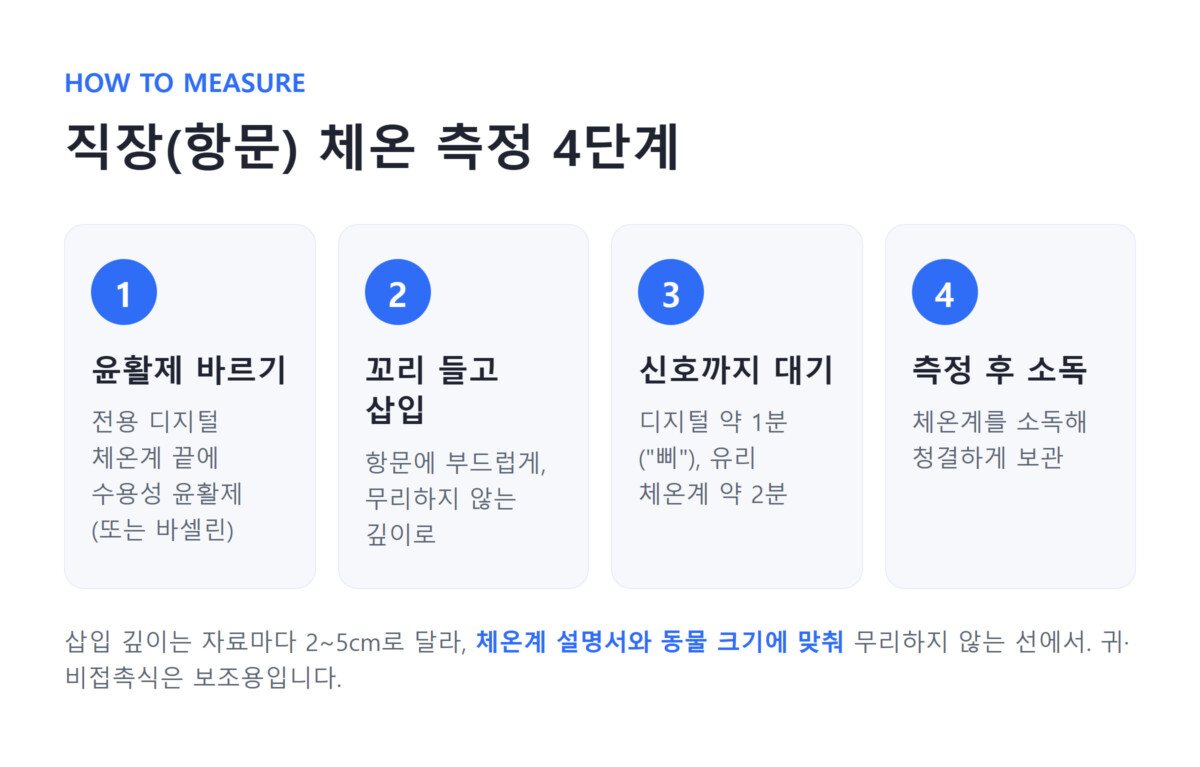 반려동물 직장체온계 측정 절차를 4단계로 정리한 일러스트 — 윤활제 바르기, 꼬리 들고 삽입, 신호 대기, 소독