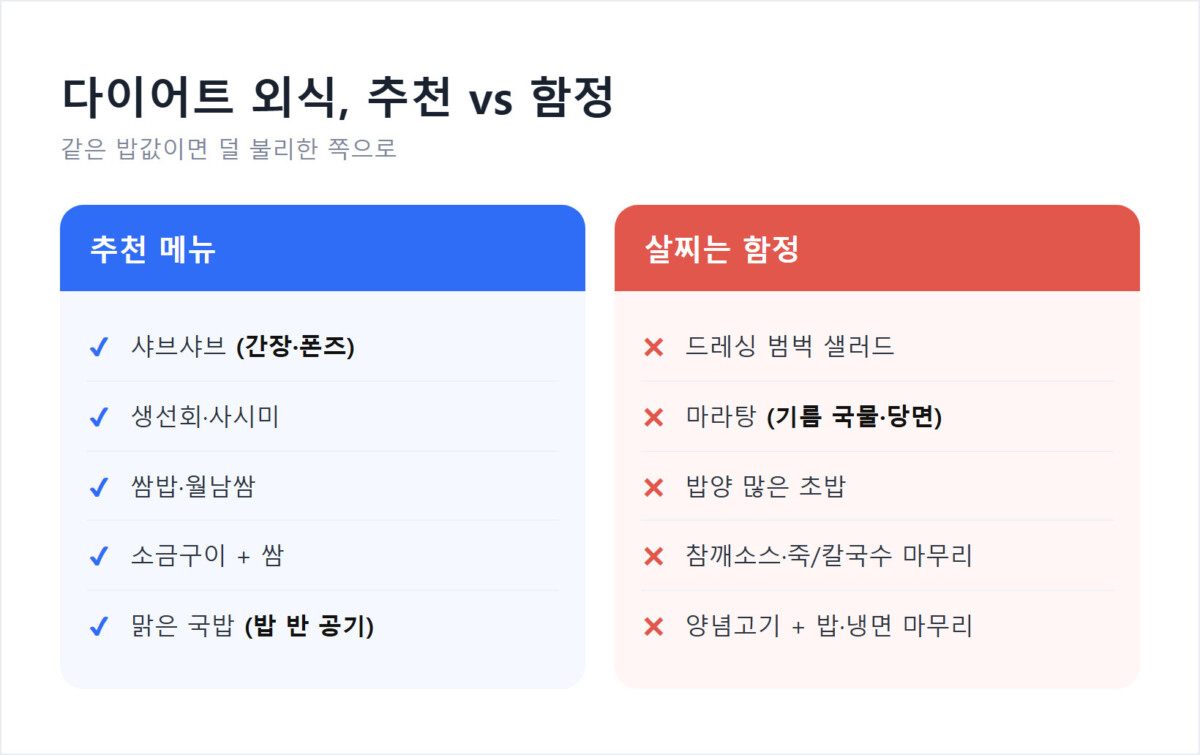 다이어트 외식 추천 메뉴와 살찌는 함정 메뉴 비교표