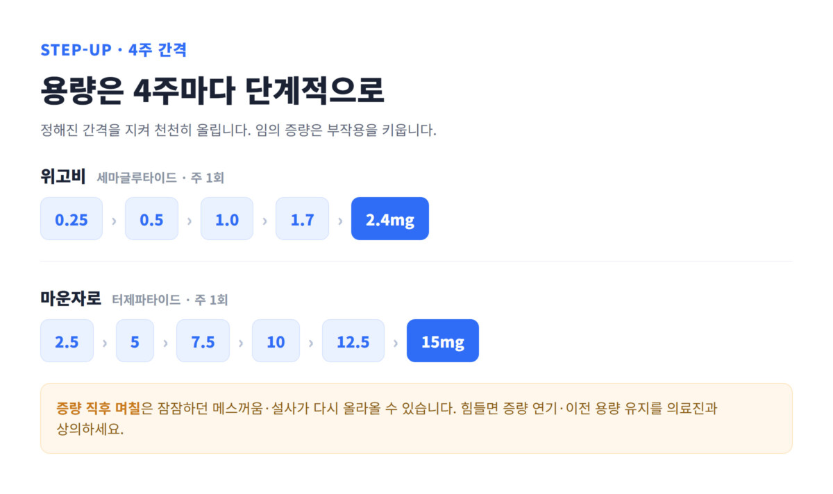 위고비와 마운자로의 4주 간격 단계적 증량 단계를 보여주는 타임라인 인포그래픽