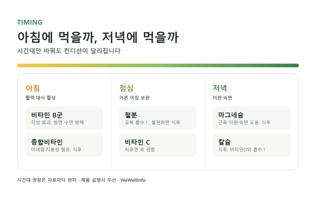 아침에는 비타민 B군·종합비타민, 저녁에는 마그네슘·칼슘을 배치한 하루 타임라인 인포그래픽