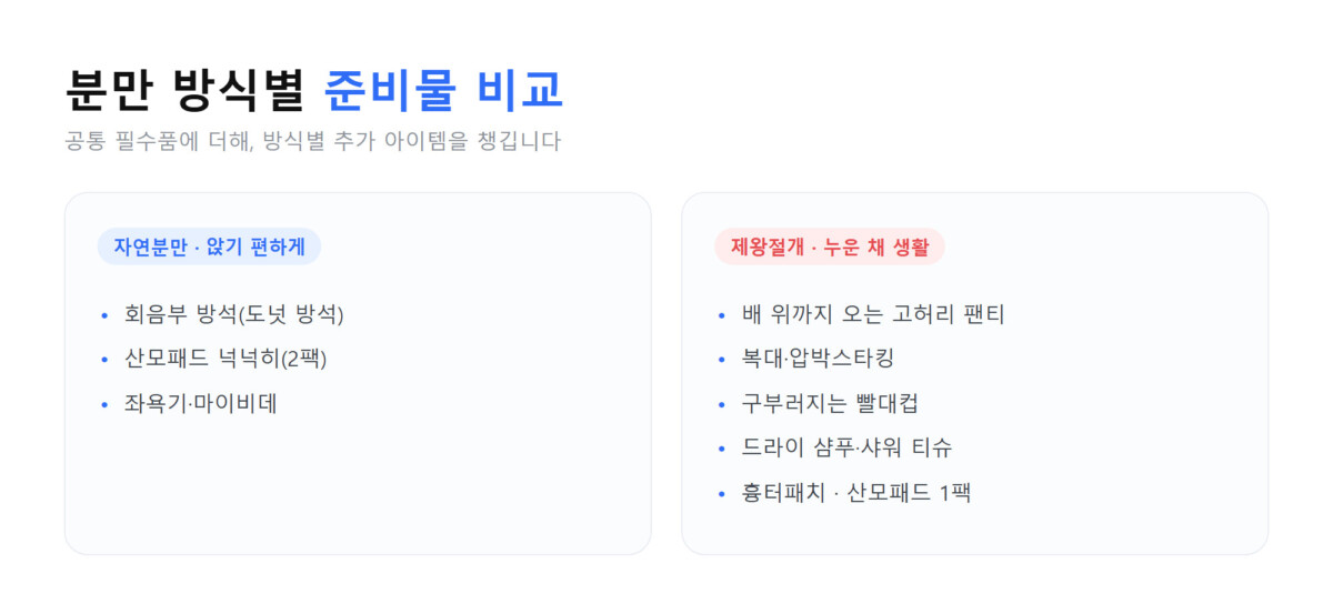 자연분만 준비물과 제왕절개 준비물을 나란히 대비한 비교 인포그래픽