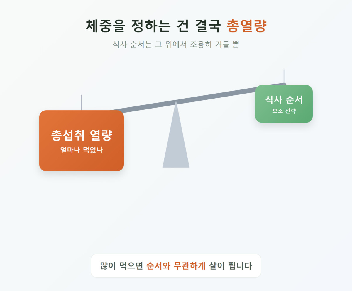 총섭취 열량과 식사 순서를 양팔 저울로 대비한 개념 이미지