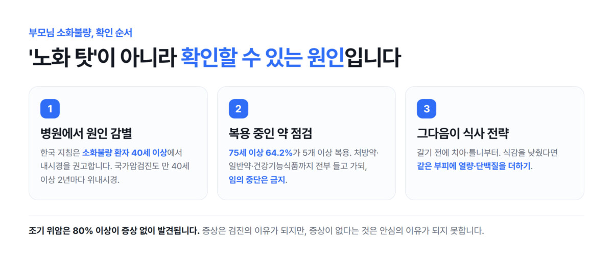 노인 소화불량 확인 순서를 병원 원인 감별·복용 약 점검·식사 전략 3단계 카드로 정리한 인포그래픽