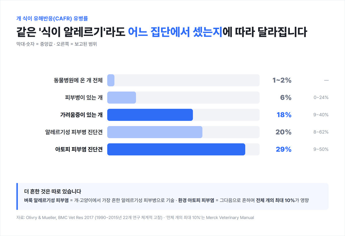 모집단별 개 식이 유해반응 유병률 가로 막대 그래프 — 병원 내원견 전체 1~2%, 피부병 6%, 가려움증 18%, 알레르기성 피부병 20%, 아토피 피부염 29%, 더 흔한 원인은 벼룩 알레르기성 피부염과 환경 아토피(전체 개 최대 10%)