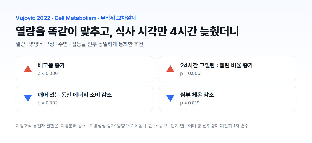 열량·영양소 구성·수면·활동을 동일하게 통제하고 식사 시각만 4시간 늦췄을 때 배고픔과 그렐린:렙틴 비율은 증가하고 에너지 소비와 심부 체온은 감소한 결과를 정리한 카드