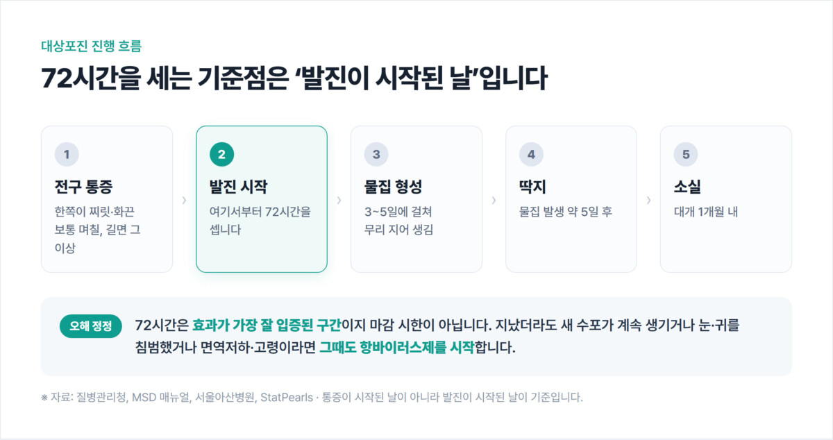 대상포진 진행 흐름 — 전구 통증, 발진 시작(72시간의 기준점), 물집 3~5일, 약 5일 후 딱지, 대개 1개월 내 소실