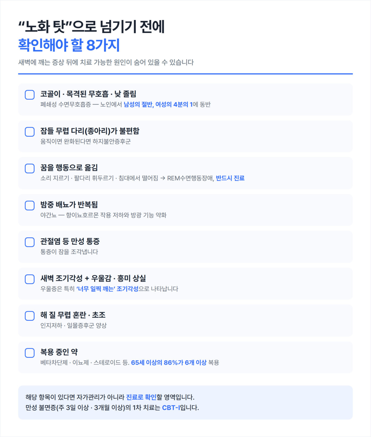 새벽 각성의 원인을 감별하는 8개 항목 세로 체크리스트 인포그래픽. 코골이와 목격된 무호흡, 다리 불편감, 꿈 행동화, 야간뇨, 만성 통증, 조기각성과 우울, 일몰증후군, 복용 중인 약이 체크박스와 함께 정리돼 있다