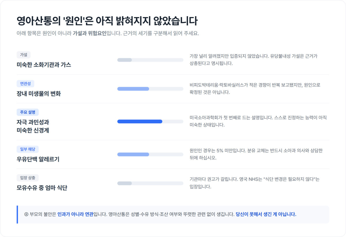 영아산통 원인 가설별 근거 수준 비교 - 미숙한 소화기관과 가스는 가설, 장내 미생물 변화는 연관성, 자극 과민성과 미숙한 신경계는 주요 설명