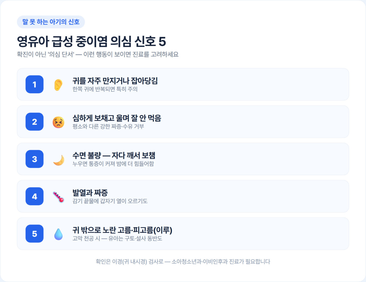영유아 급성 중이염 의심 신호 5가지 체크리스트 인포그래픽