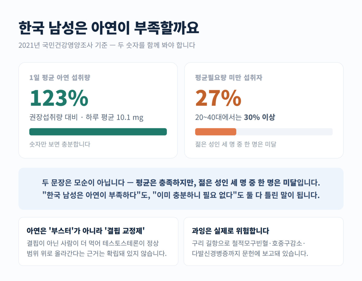 국민 평균 아연 섭취량은 권장량의 123%인 반면 평균필요량 미만 섭취자는 27%임을 대비한 인포그래픽