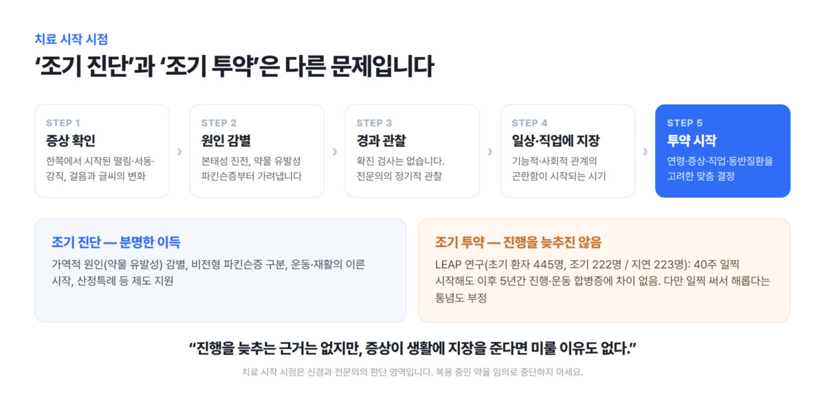 증상 확인에서 원인 감별·경과 관찰·일상 지장·투약 시작까지 5단계와 조기 진단·조기 투약의 차이를 정리한 인포그래픽