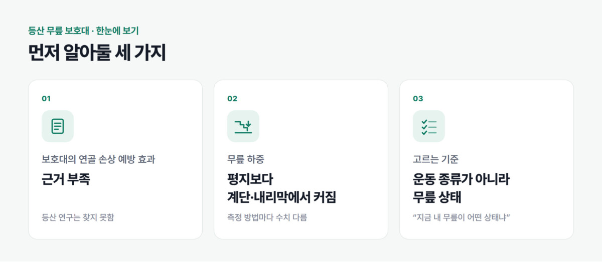 등산 무릎 보호대 요약 세 칸 — 보호대의 연골 손상 예방 효과는 근거 부족·등산 연구는 찾지 못함, 무릎 하중은 평지보다 계단·내리막에서 커짐(측정 방법마다 수치 다름), 고르는 기준은 운동 종류가 아니라 무릎 상태