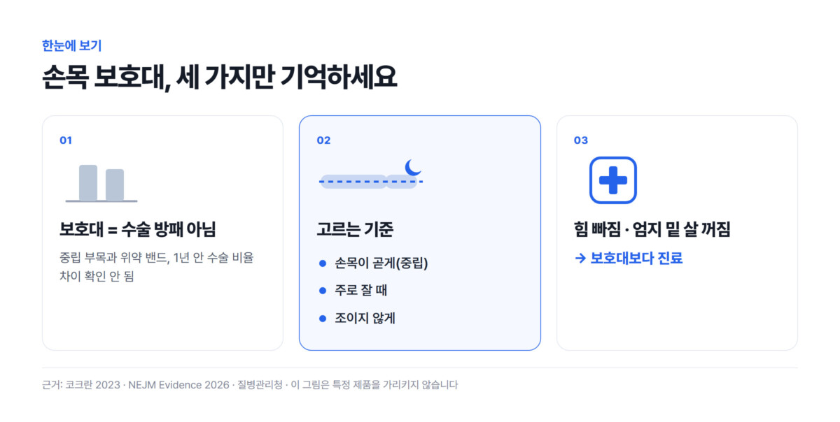 손목 보호대 핵심 세 가지 요약 — 중립 부목과 위약 밴드의 1년 수술 비율 차이 확인 안 됨, 고르는 기준은 손목이 곧게·주로 잘 때·조이지 않게, 힘 빠짐·엄지 밑 살 꺼짐이면 보호대보다 진료