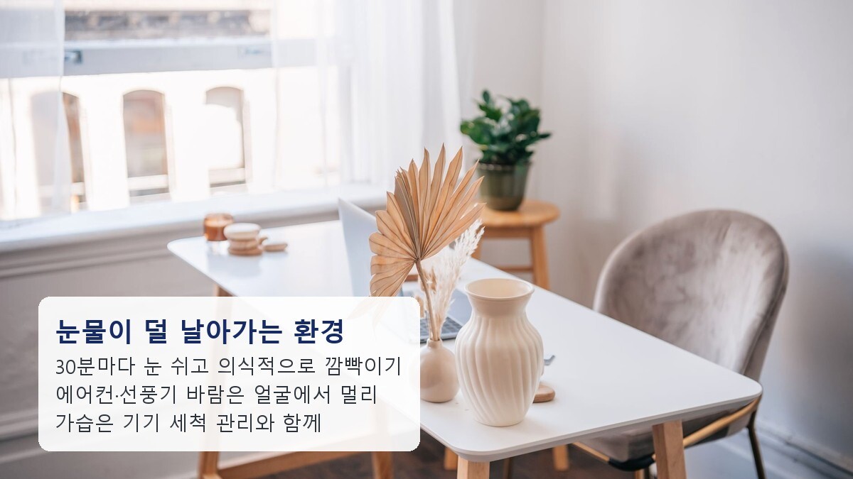 창가 밝은 책상 위의 노트북과 화분에 ‘눈물이 덜 날아가는 환경’ 안내 문구를 얹은 사진