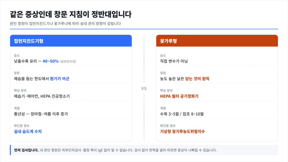 집먼지진드기형과 꽃가루형의 습도·창문·장비·계절·확인 정보를 좌우로 나눠 비교한 인포그래픽