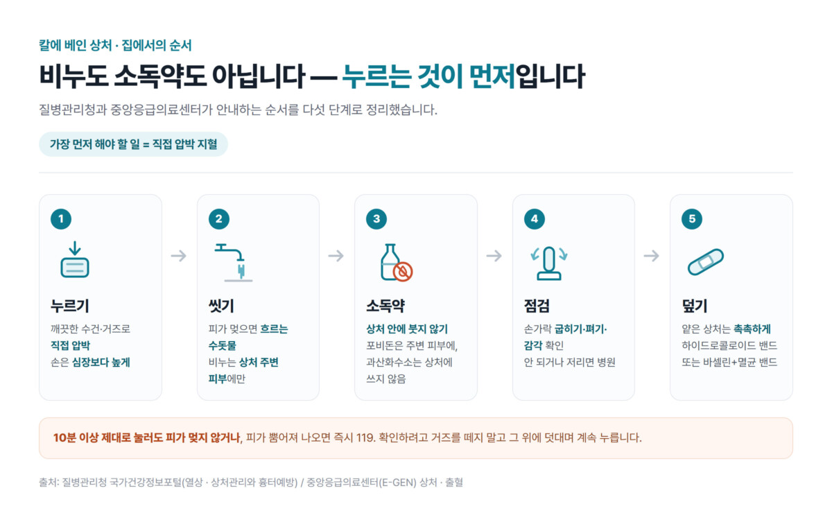 칼에 베인 상처 응급처치 5단계 흐름도 - 1 깨끗한 수건이나 거즈로 직접 압박하고 손을 심장보다 높게, 2 피가 멎으면 흐르는 수돗물로 씻고 비누는 상처 주변 피부에만, 3 소독약은 상처 안에 붓지 않고 포비돈은 주변 피부에 과산화수소는 상처에 쓰지 않음, 4 손가락 굽히기 펴기 감각을 확인해 병원 필요 여부 판단, 5 얕은 상처는 하이드로콜로이드 밴드나 바셀린과 멸균 밴드로 촉촉하게 덮기. 10분 이상 눌러도 피가 멎지 않으면 즉시 119