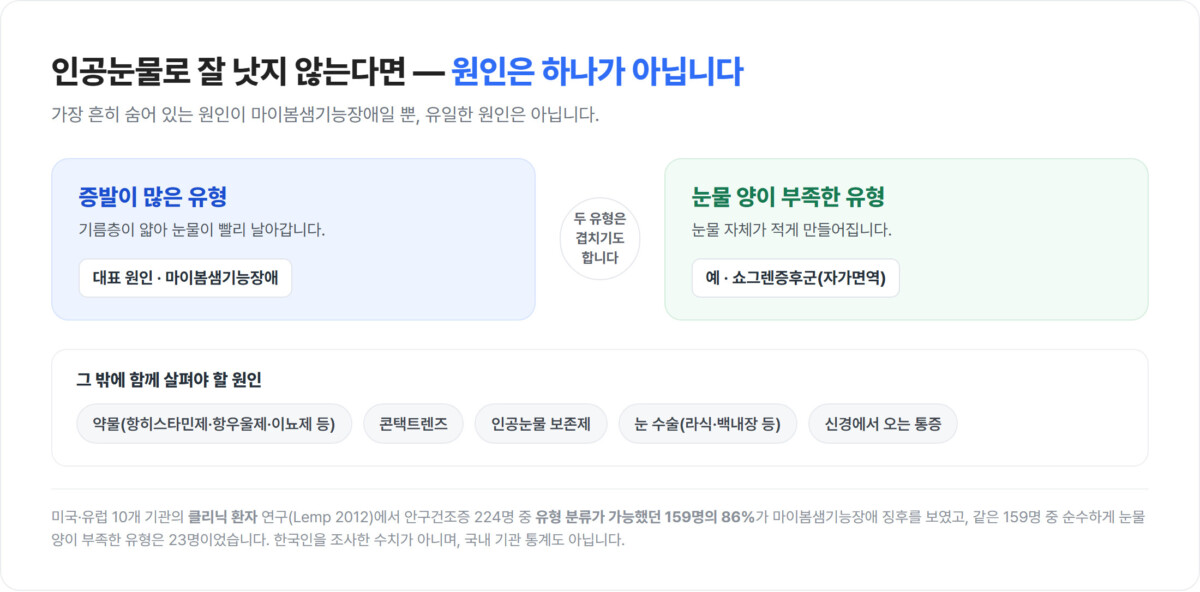 안구건조증을 증발이 많은 유형과 눈물 양이 부족한 유형으로 나누고 약물·콘택트렌즈·보존제·눈 수술을 함께 표시한 원인 분류도
