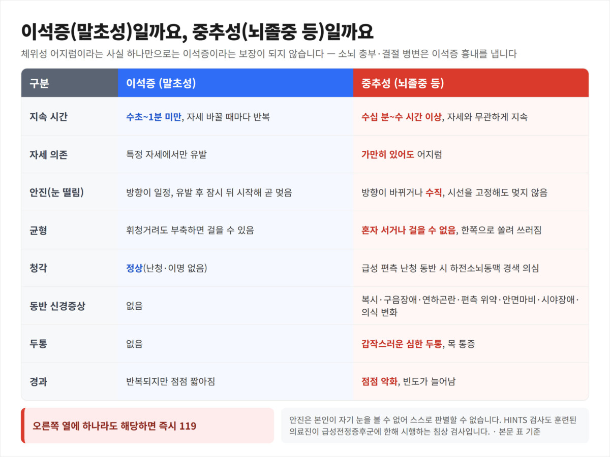 이석증(말초성)과 중추성 어지럼을 지속 시간·자세 의존·안진·균형·청각·동반 신경증상·두통·경과 8개 축으로 비교한 2단 표