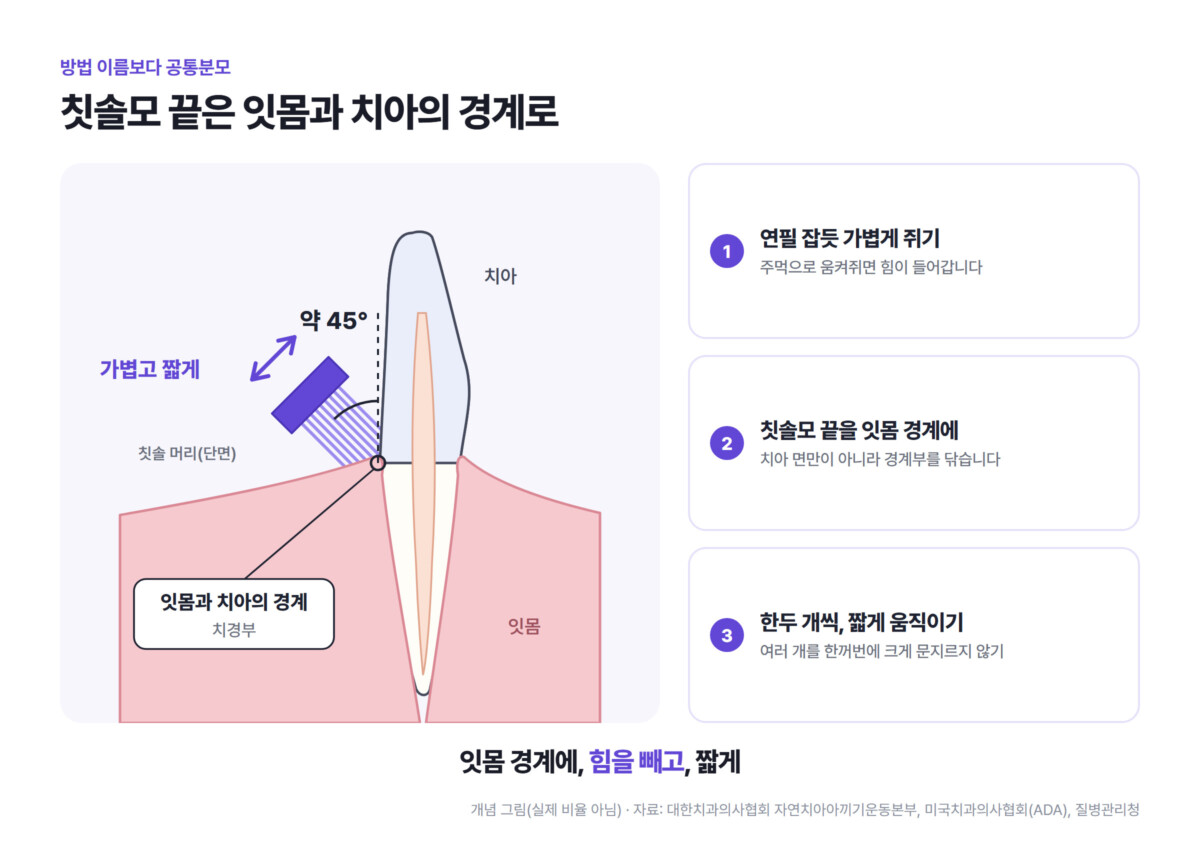 치아 단면 그림에서 칫솔모 끝이 잇몸과 치아의 경계에 약 45도로 닿아 가볍고 짧게 움직이는 모습과 연필 잡듯 쥐기 등 세 가지 요점