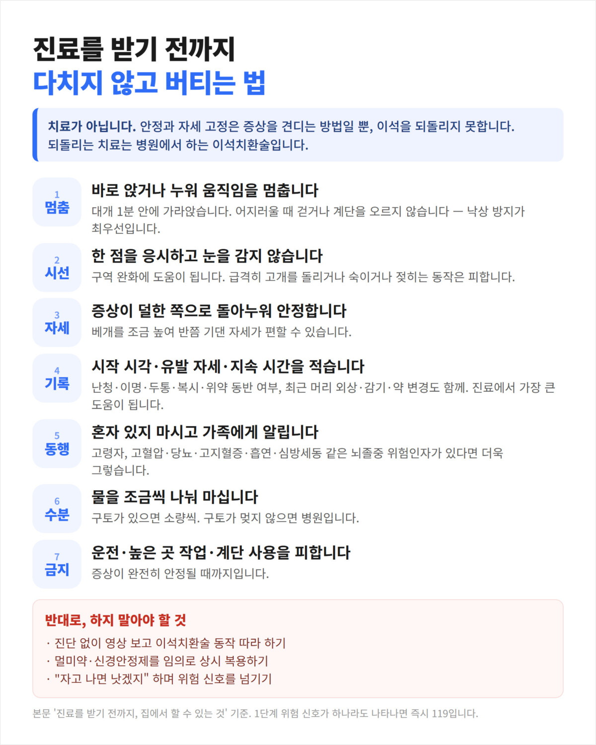 진료를 받기 전까지 다치지 않고 버티는 법 7가지 — 멈춤·시선·자세·기록·동행·수분·운전 금지, 그리고 하지 말아야 할 3가지