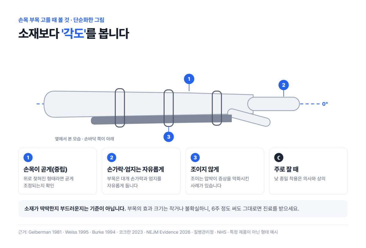 옆에서 본 손목 부목 형태 예시 — 손바닥 쪽 지지대가 아래팔과 손바닥을 받쳐 손목이 곧게(0°) 유지되고, 손가락과 엄지는 자유로우며, 밴드는 느슨하게 감긴 모습과 네 가지 기준(손목 곧게·손가락 자유·조이지 않게·주로 잘 때)
