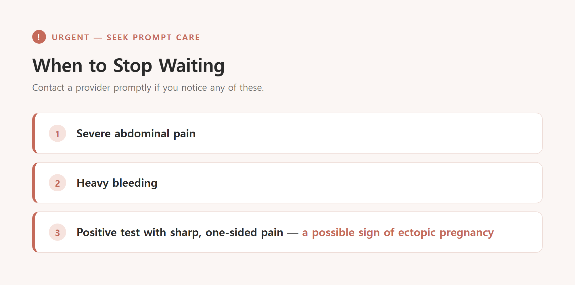 Red-flag checklist infographic of urgent pregnancy symptoms — severe abdominal pain, heavy bleeding, and one-sided pain — that need prompt medical care