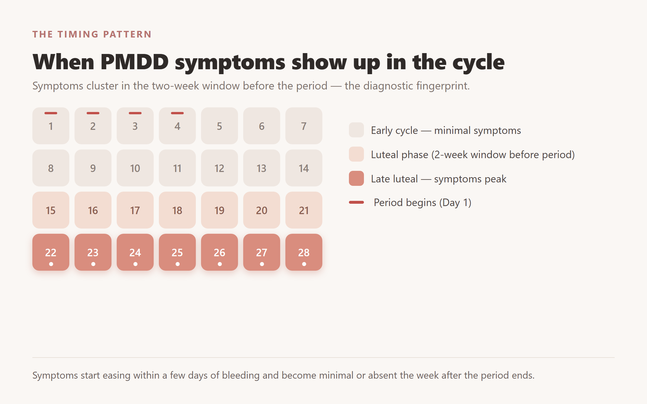 A monthly cycle calendar with the two-week luteal window before the period highlighted and symptoms peaking in the final week