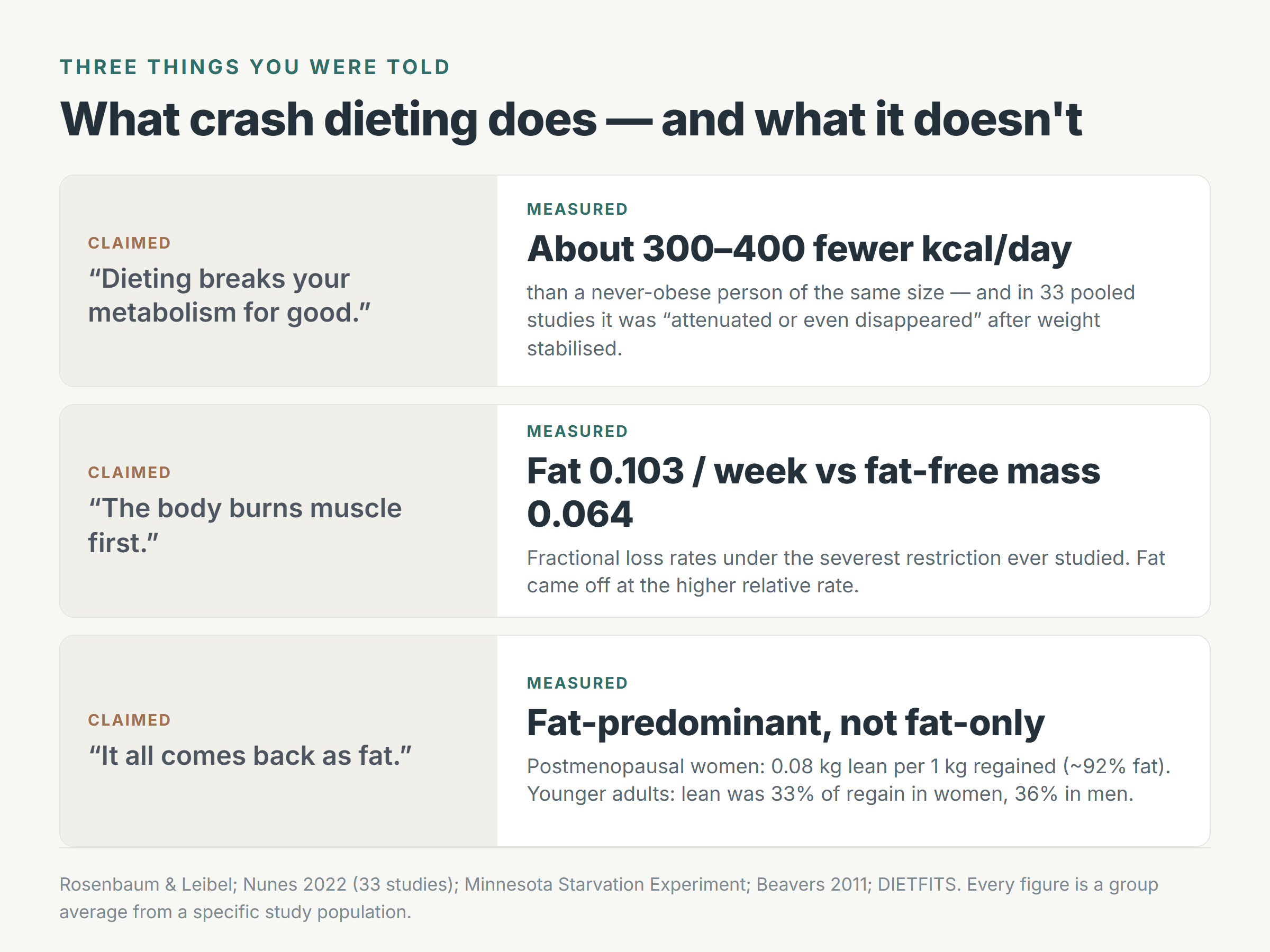 Comparison card setting three claims about crash dieting against the measured findings: about 300-400 fewer calories a day, fat lost faster than fat-free mass, and fat-predominant regain