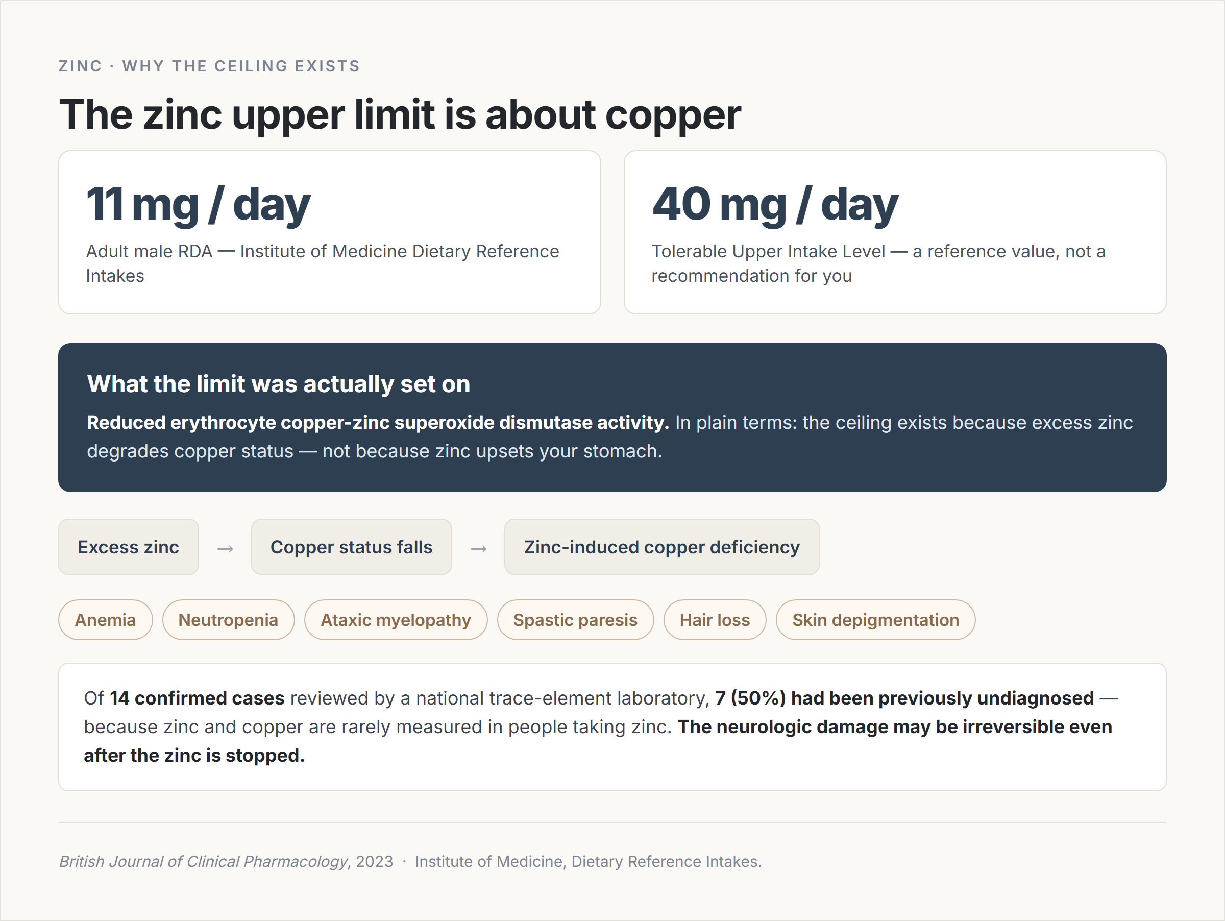 Infographic on the zinc upper limit: the 40 mg per day ceiling was set on reduced erythrocyte copper-zinc superoxide dismutase activity, because excess zinc degrades copper status and can cause anemia and neurologic injury