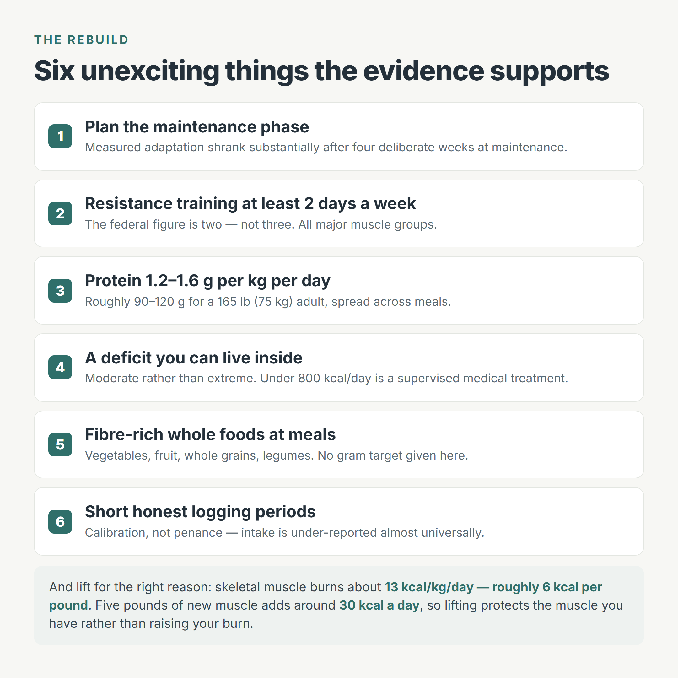 Checklist of six evidence-supported rebuild steps: plan a maintenance phase, resistance training at least two days a week, protein 1.2-1.6 g/kg/day, a moderate deficit, fibre-rich whole foods and short logging periods