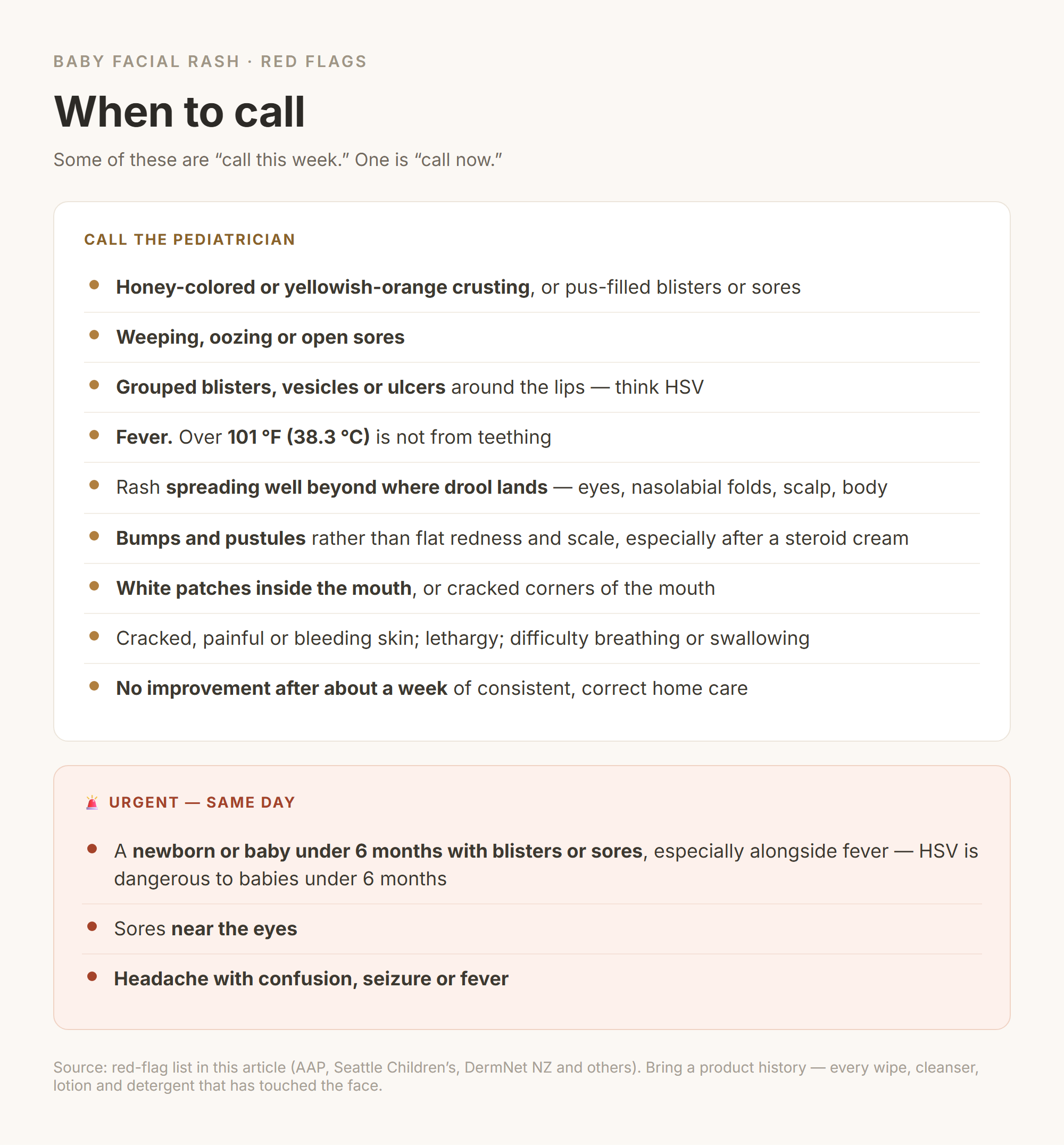 Red flag checklist for baby facial rashes, with the urgent warning for a baby under 6 months with blisters or sores plus fever highlighted