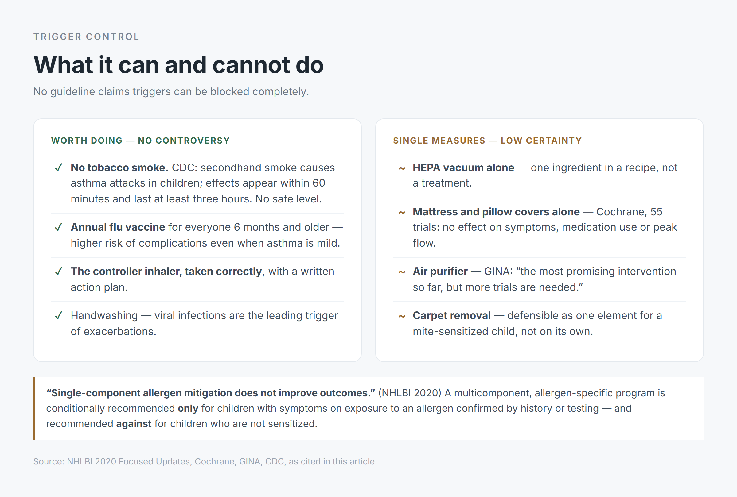Two-column comparison of what trigger control can and cannot do: no tobacco smoke, annual flu vaccine and the controller inhaler versus single low-certainty measures such as a HEPA vacuum or mite covers alone