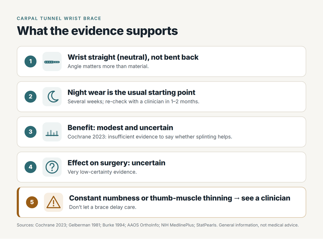 What the evidence supports for a carpal tunnel wrist brace: 1, wrist straight (neutral), not bent back - angle matters more than material; 2, night wear is the usual starting point, for several weeks, re-checking with a clinician in 1 to 2 months; 3, benefit is modest and uncertain - Cochrane 2023 found insufficient evidence to say whether splinting helps; 4, effect on surgery is uncertain, very low-certainty evidence; 5, constant numbness or thumb-muscle thinning means see a clinician - don't let a brace delay care