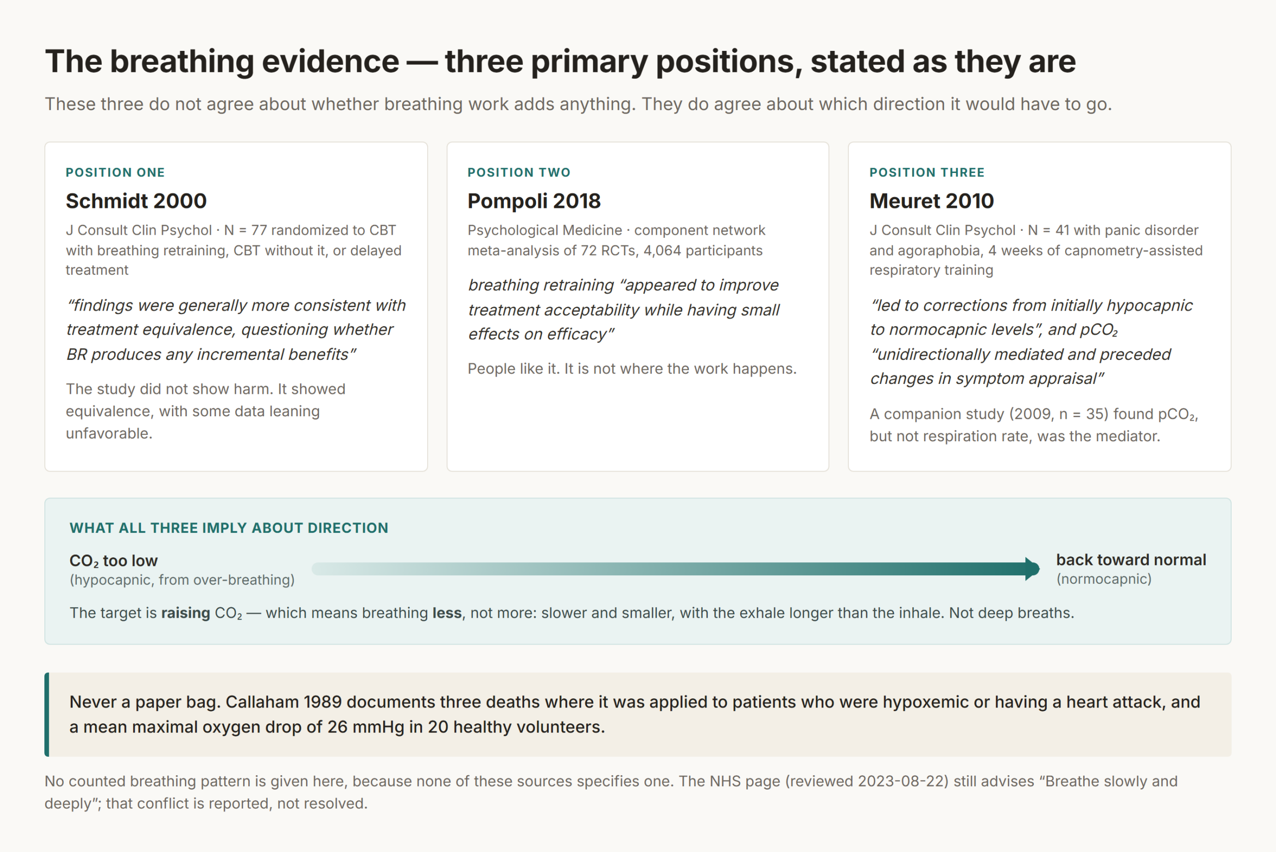 Panel titled "The breathing evidence - three primary positions, stated as they are", comparing Schmidt 2000 with 77 randomized patients, Pompoli 2018 with 72 randomized trials and 4,064 participants, and Meuret 2010 with 41 patients over four weeks of capnometry-assisted training, above an arrow running from "CO2 too low, hypocapnic" to "back toward normal, normocapnic"